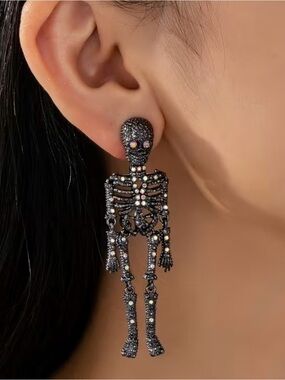 NWT Black Crystal Skeleton Drop Earrings, Halloween Earrings